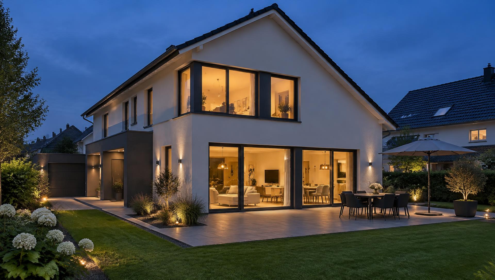 Modernes Einfamilienhaus mit großen anthrazitfarbenen Fensterelementen